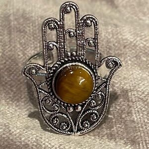 Sterling Silver Tiger’s Eye Hamsa Hand Ring 925 Size 4.75-7 adjustable